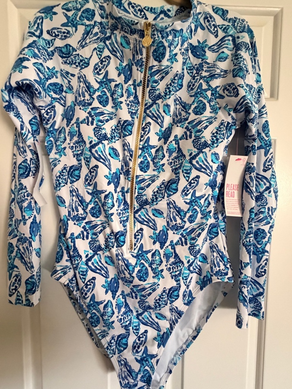 Lilly Pulitzer Blue and White Shell-Print Rashguard One-Piece